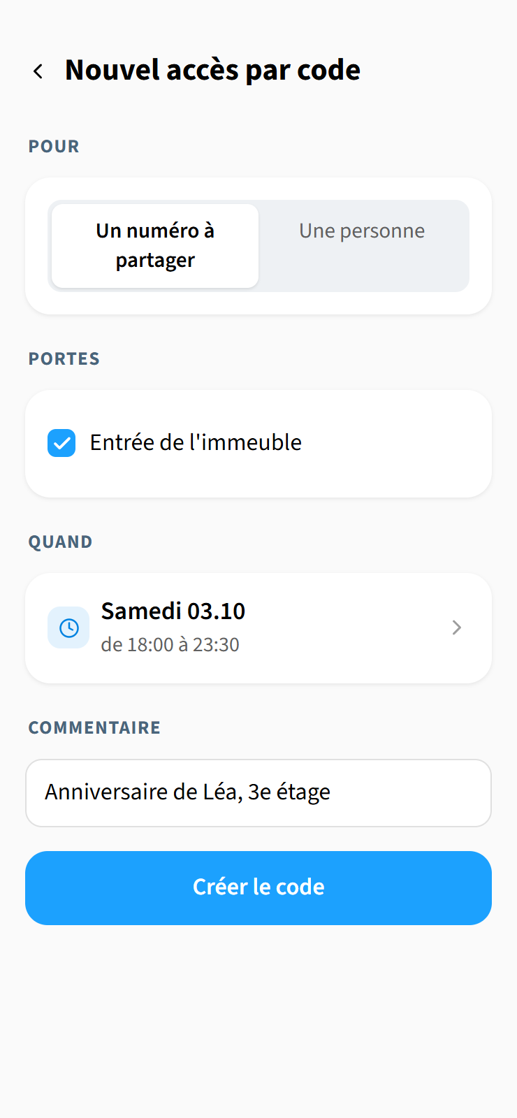 Nouvel accès par code, un numéro à partager : entrée de l'immeuble, samedi 03.10 de 18:00 à 23:30