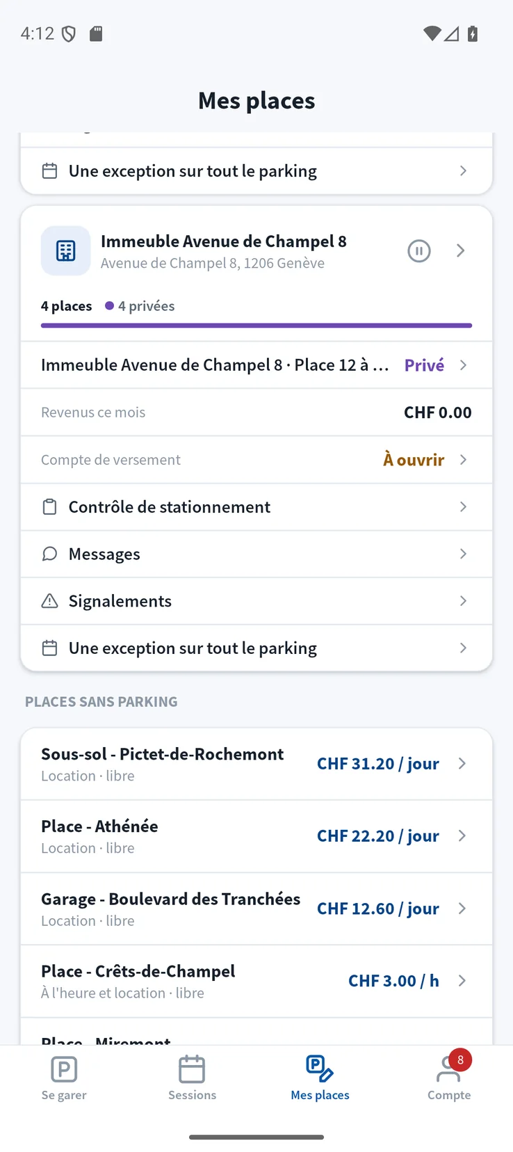 Écran Mes places : un parking avec ses places, puis les places seules avec leur prix